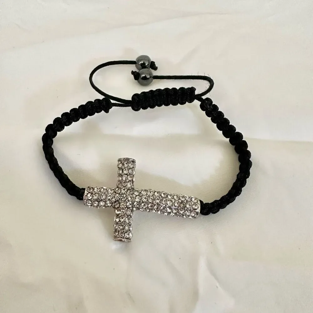 Rhinestone cross black cord adjustable bracelet